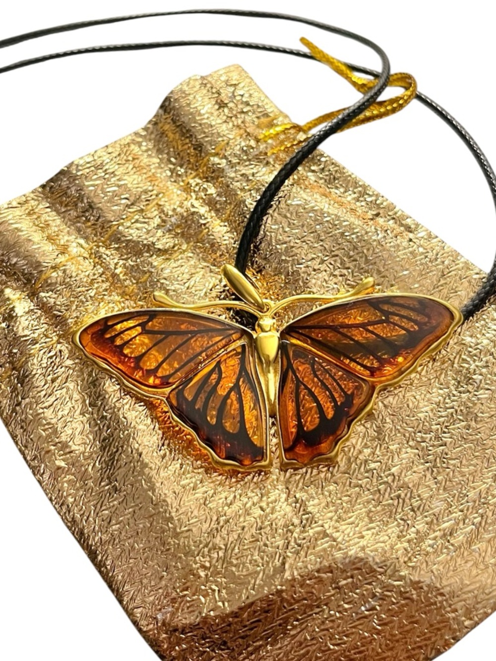 Genuine Baltic Amber Butterfly Pendant 925 with Black Removable Necklace